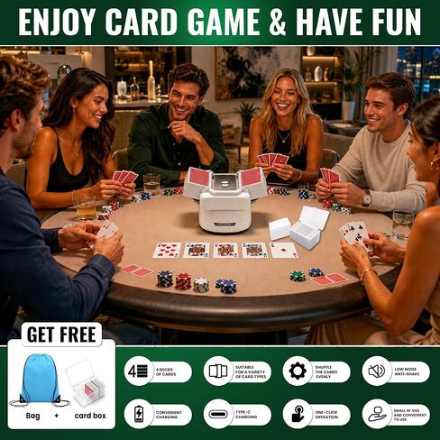 Automatic Card Shuffler for 1–4 Decks with Built-in Card Box, Dual Motor Low-Noise Electric Shuffler, 2600mAh Rechargeable Battery with Type-C Charging, L Carry Bag for Poker, UNO & Blackjack in Kuwait