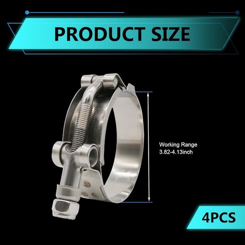 4 PCS 97mm-105mm T-Bolt Radiator Hose Clamps, Heavy Duty Stainless Steel Tube Clamp Range 3.82"-4.13", Adjustable T-Bolt Turbo Pipe Intercooler, Bandwidth 19mm (Silver) in Kuwait