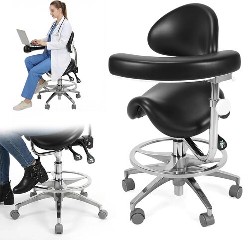 Saddle Rolling Stool with Armrest & Wheels Comfortable Dental Mobile Saddle Chair with Back Support for Dentist Salon Tattoo in Kuwait
