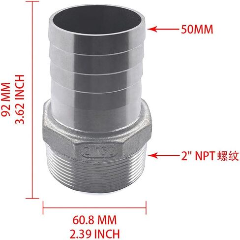 2" (50mm) Hose Barb to 2" NPT Male Thread, Hexagonal Stainless Steel Pagoda Joint Water Pipe Hardware for Industrial Hose & Irrigation, 2-Pack in Kuwait