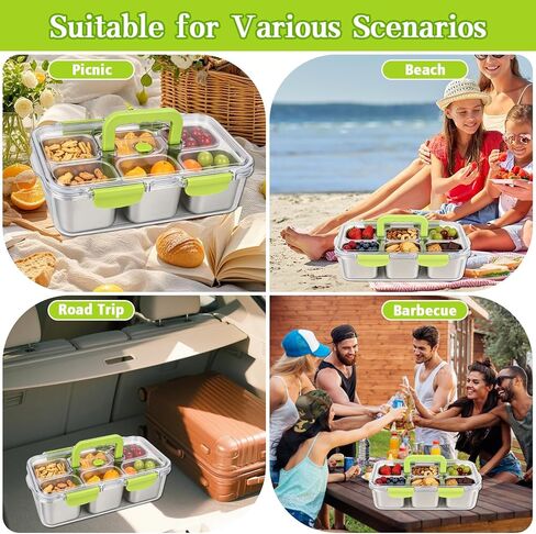 weiwei 6 Compartments Snackle Box Container, Reusable Divided Serving Tray with Lid and Handle, Portable Snack Box Container Snacklebox for Snacks Fruit Candy Picnic Beach Camping, Plastic in Kuwait