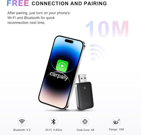 محول CarPlay اللاسلكي لـ Apple Carplay ， تحويل سلكية إلى محول iPhone اللاسلكي carplay ， المكونات واللعب ، لا يوجد زمن وصول ، ودونجل لاسلكي صغير للسيارات من عام 2016 و iOS 10+ （أسود） in Kuwait