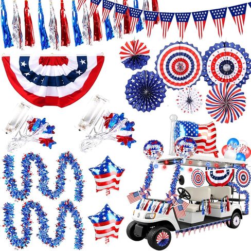 46 PCS 4th of July Golf Cart Decorations, Patriotic Independence Day Decor with Luminous Pentagram Rope, Balloons, Flags, Windmill and Tassel, Used for Outdoor Party, Parade, Yard Decorations in Kuwait