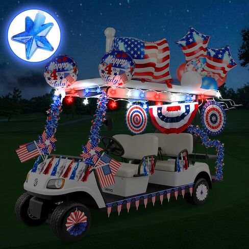 46 PCS 4th of July Golf Cart Decorations, Patriotic Independence Day Decor with Luminous Pentagram Rope, Balloons, Flags, Windmill and Tassel, Used for Outdoor Party, Parade, Yard Decorations in Kuwait