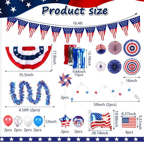 46 PCS 4th of July Golf Cart Decorations, Patriotic Independence Day Decor with Luminous Pentagram Rope, Balloons, Flags, Windmill and Tassel, Used for Outdoor Party, Parade, Yard Decorations in Kuwait