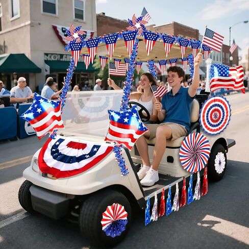 46 PCS 4th of July Golf Cart Decorations, Patriotic Independence Day Decor with Luminous Pentagram Rope, Balloons, Flags, Windmill and Tassel, Used for Outdoor Party, Parade, Yard Decorations in Kuwait