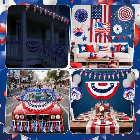 46 PCS 4th of July Golf Cart Decorations, Patriotic Independence Day Decor with Luminous Pentagram Rope, Balloons, Flags, Windmill and Tassel, Used for Outdoor Party, Parade, Yard Decorations in Kuwait