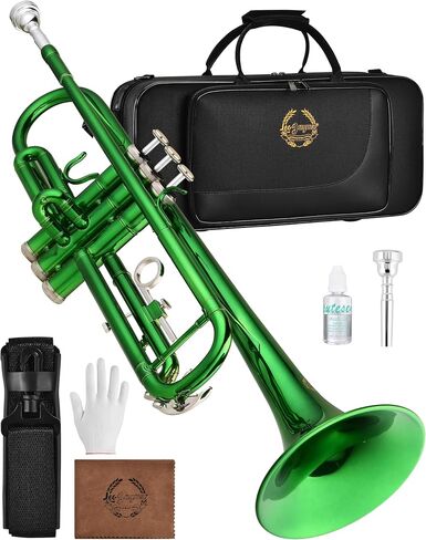 Leo Jaymz Bb Trumpet for Beginners, Brass Student Trumpet Kit with Case, 7C Mouthpiece, Cleaning Kit, Standard B Flat Instrument, Green in Kuwait