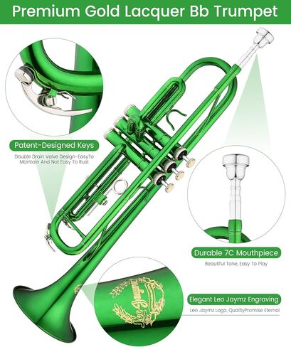 Leo Jaymz Bb Trumpet for Beginners, Brass Student Trumpet Kit with Case, 7C Mouthpiece, Cleaning Kit, Standard B Flat Instrument, Green in Kuwait
