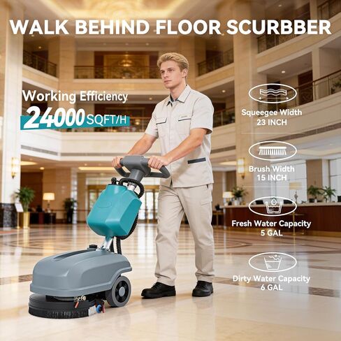 15" Walk Behind Floor Scrubber Machine, 23" Squeegee, 6 Gal Dirty Water Tank Capacity, Floor Scrubber with Brushes, Hard Floor Scrubbers for Office Cafe Boutique Clinic Commercial Tight Space in Kuwait