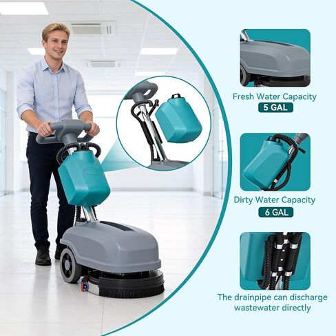 15" Walk Behind Floor Scrubber Machine, 23" Squeegee, 6 Gal Dirty Water Tank Capacity, Floor Scrubber with Brushes, Hard Floor Scrubbers for Office Cafe Boutique Clinic Commercial Tight Space in Kuwait