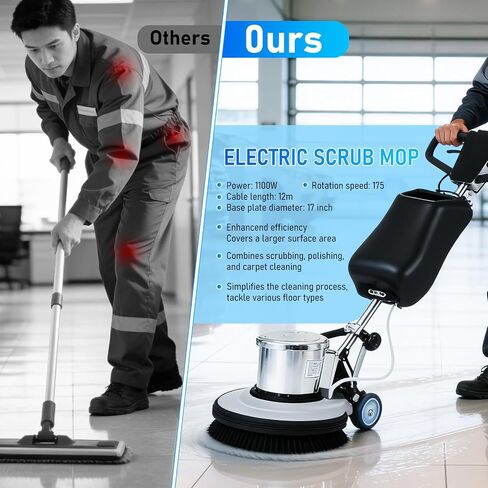 17" Heavy-duty Commercial Floor Scrubber, 1100W 175RPM Floor Machine with 15L Tank & 472" Cord, 3 Brushes Floor Polisher for Tile Marble Wood, Carpet Cleaner for Business Use in Kuwait