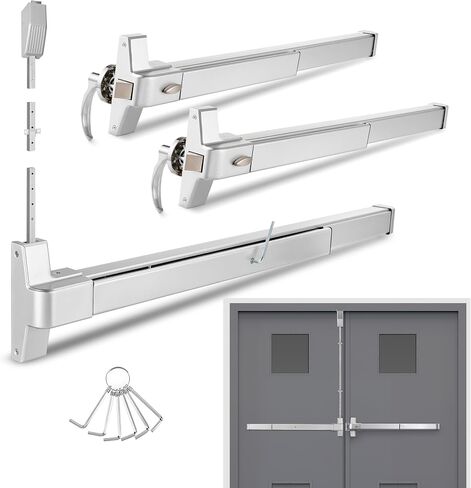 IRONWALLS 32" Panic Bar with Vertical Rod & 2-Pack 27.5" Commercial Door Push Bar Panic Exit Device with Door Lever Keyed Different, Heavy Duty Stainless Steel Panic Exit Hardware for Double Doors in Kuwait