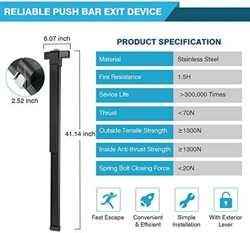 IRONWALLS 41" Commercial Door Push Bar Panic Exit Device with Exterior Door Lever, Heavy Duty Stainless Steel Panic Bar Door Lock for 41"-53" Emergency Exit Doors, Black & Silver in Kuwait