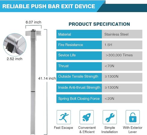 IRONWALLS 41" Commercial Door Push Bar Panic Exit Device with Exterior Door Lever, Heavy Duty Stainless Steel Panic Bar Door Lock for 41"-53" Emergency Exit Doors, Black & Silver in Kuwait