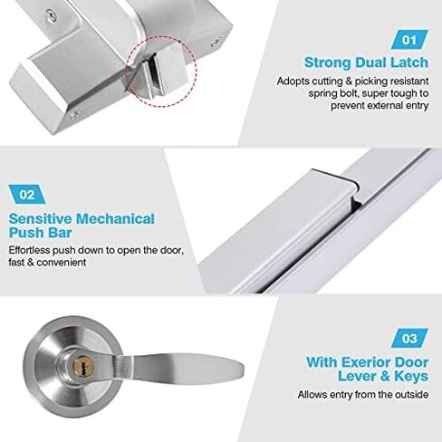 IRONWALLS 41" Commercial Door Push Bar Panic Exit Device with Exterior Door Lever, Heavy Duty Stainless Steel Panic Bar Door Lock for 41"-53" Emergency Exit Doors, Black & Silver in Kuwait