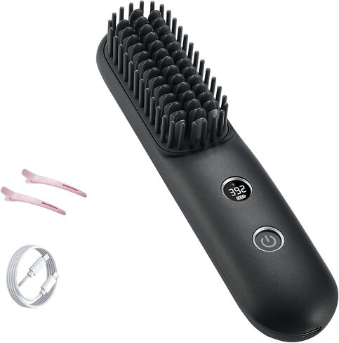 STUDLLY LCD Screen Cordless Hair Straightener and Curler 2 in 1, Rechargeable Portable Mini Travel Negative Ionic Hair Straightening Brush for Women, Fast Heating Hot Comb for Women, Black in Kuwait