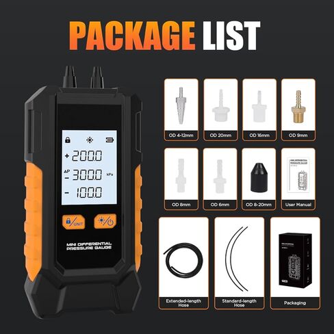 جهاز قياس ضغط الغاز من 101 إلى 200 كيلو باسكال، جهاز قياس الضغط الرقمي ثنائي المنفذ للغاز HVAC مع معايرة تلقائية، شاشة LCD بإضاءة خلفية، مقياس ضغط الهواء لحمل البيانات in Kuwait