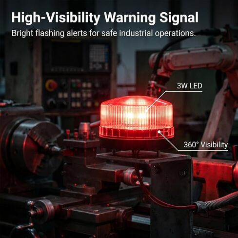 QWORK Industrial Signal Round Red Warning Light Strobe, 3W, AC 110V, High-Visibility, Weatherproof, 360° Coverage, Ideal for Factories & Construction Sites in Kuwait