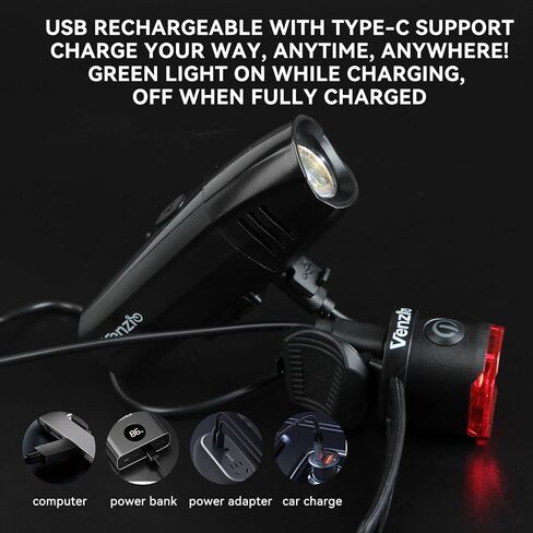 Venzio Bike Lights, Rechargeable USB-C Bike Headlight and Taillight, 6+2 Mode Bike Front and Rear Lights for Night Riding, IPX4 Waterproof Bicycle Light Set, Bike Accessories in Kuwait