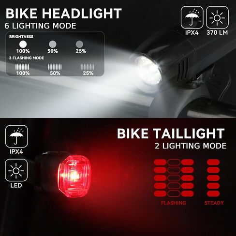 Venzio Bike Lights, Rechargeable USB-C Bike Headlight and Taillight, 6+2 Mode Bike Front and Rear Lights for Night Riding, IPX4 Waterproof Bicycle Light Set, Bike Accessories in Kuwait
