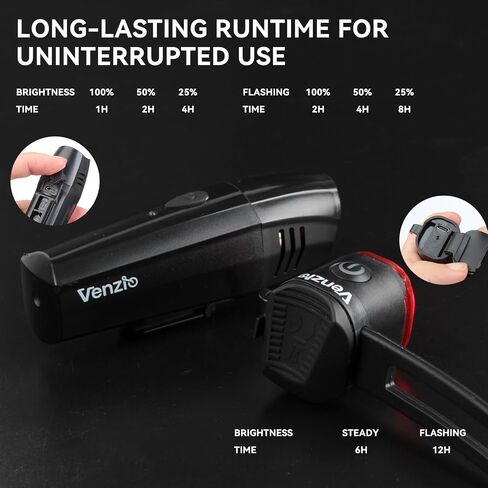 Venzio Bike Lights, Rechargeable USB-C Bike Headlight and Taillight, 6+2 Mode Bike Front and Rear Lights for Night Riding, IPX4 Waterproof Bicycle Light Set, Bike Accessories in Kuwait