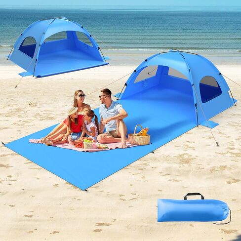 ملجأ شمسي Tent Tent Beach مع حصيرة الرمال الممتدة 114 × 82 بوصة ， UPF 50+ حماية ، 3 نوافذ مزدوجة الطبقة لتعزيز الخصوصية ؛ ظلال الشاطئ المحمولة ، 3-4 أشخاص. مقاومة للرياح ومقاومة للماء in Kuwait