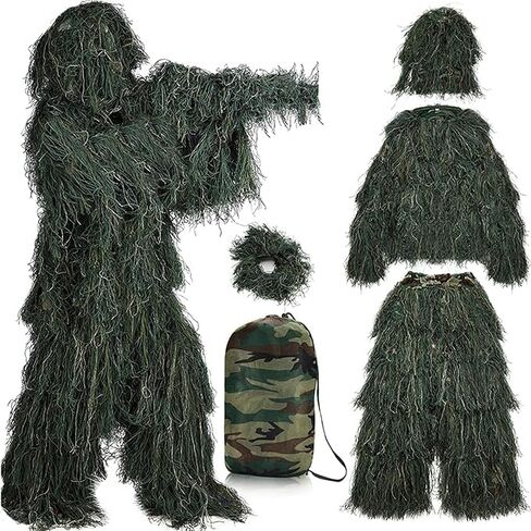 5 في 1 بدلة Ghillie ، ملابس صيد ثلاثية الأبعاد بما في ذلك سترة ، سراويل ، غطاء محرك ، حقيبة حمل مناسبة للأطفال البالغين in Kuwait