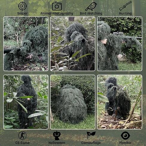 5 في 1 بدلة Ghillie ، ملابس صيد ثلاثية الأبعاد بما في ذلك سترة ، سراويل ، غطاء محرك ، حقيبة حمل مناسبة للأطفال البالغين in Kuwait