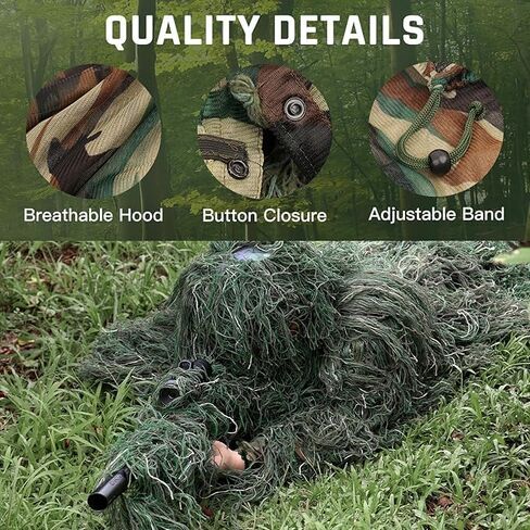 5 في 1 بدلة Ghillie ، ملابس صيد ثلاثية الأبعاد بما في ذلك سترة ، سراويل ، غطاء محرك ، حقيبة حمل مناسبة للأطفال البالغين in Kuwait