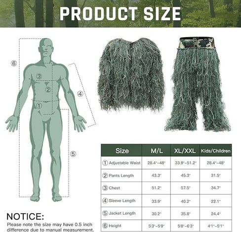 5 في 1 بدلة Ghillie ، ملابس صيد ثلاثية الأبعاد بما في ذلك سترة ، سراويل ، غطاء محرك ، حقيبة حمل مناسبة للأطفال البالغين in Kuwait