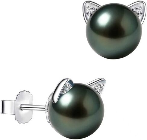 Tahitian Black Pearl Earrings, 9-10mm AAA Handpicked Natural Black Pearl Stud Earrings with D Color Moissanite & 18K White Gold Plated Sterling Silver, Luxury Gifts for Women, Mother, Girlfriend, Anniversary, Birthday, Valentines, Mothers Day in Kuwait