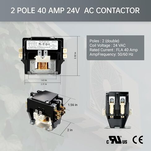 2 Pole 40 Amp AC Contactor 24V Coil, Fully Enclosed, Silver Cadmium Oxide Contacts, Suitable for Compressors/Air Conditioners/Heating Systems, Universal for Industrial and Household Use in Kuwait