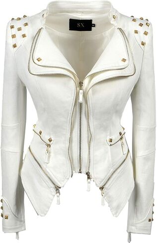 Women's classic Lapel dovetail rivet leather jacket casual personality fashion sexy punk Motorcycle Jacket (L, Red) in Saudi Arabia