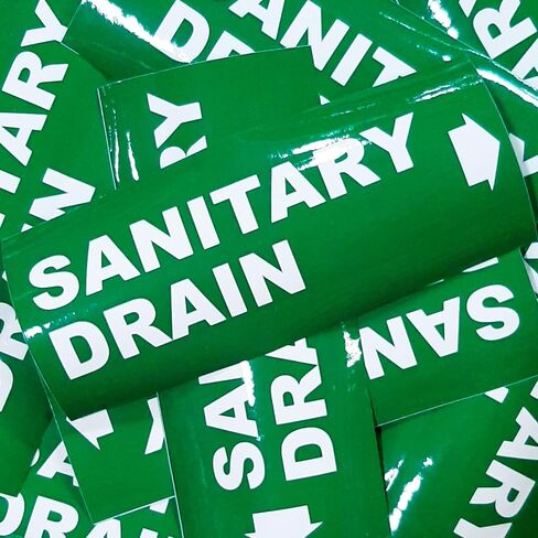 Industrial Pipe Markers (25-Pack), Safety Labels for Pipeline Identification, Supplied at 5.5 INCHES in Length (Green/White, 12 INCHES) Sanitary Drain + Arrow in Kuwait