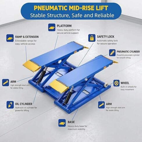 6600 lbs Portable Car Lift, Hydraulic Mid-Rise Scissor Lift with Wheels for Home Garage, Auto Repair Shop & Vehicle Maintenance in Kuwait