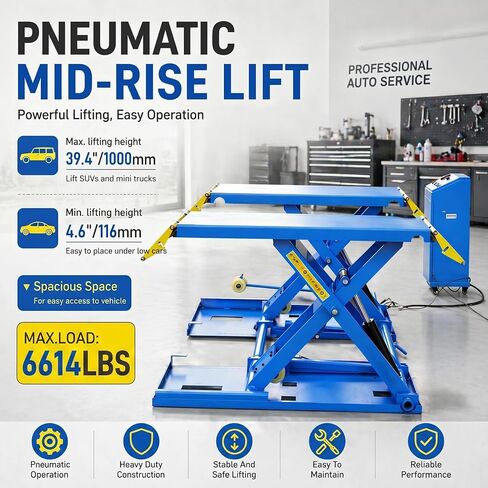 6600 lbs Portable Car Lift, Hydraulic Mid-Rise Scissor Lift with Wheels for Home Garage, Auto Repair Shop & Vehicle Maintenance in Kuwait