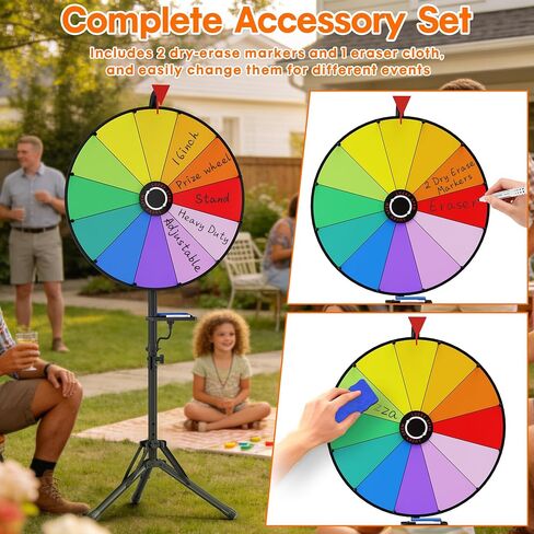 16 Inch Prize Wheel, 12 Slots Colors Spinning Wheel with Tripod Stand, Adjustable Floor Standing Wheel Spinner with 2 Markers & 1 Eraser, Dry Erase Spin the Wheel for Trade Shows Carnivals Spin Games in Kuwait