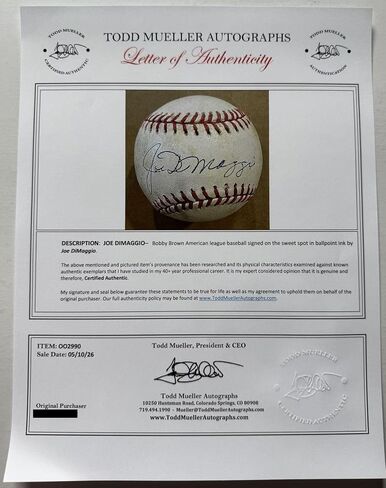 Joe DiMaggio (d. 1999) Signed Autographed Official American League (OAL) Baseball - Mueller COA in Kuwait