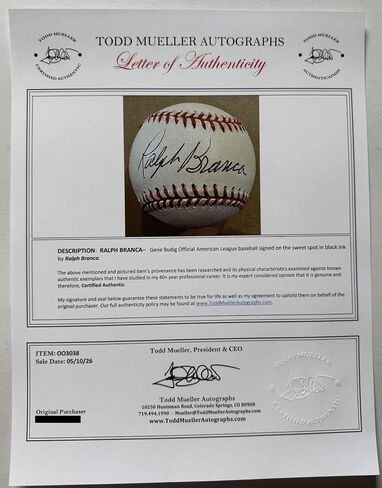 Ralph Branca Signed Autographed Official American League (OAL) Baseball - Mueller COA in Kuwait