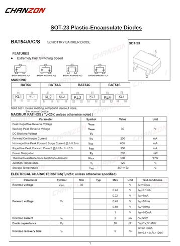 (عبوة من 100 قطعة) صمامات ثنائية مقوم حاجز شوتكي SMD من Chanzon BAT54S 200 مللي أمبير 30 فولت SOT-23 (SOT-23-3) 0.2 أمبير 30 فولت (وضع علامة KL4) in Kuwait