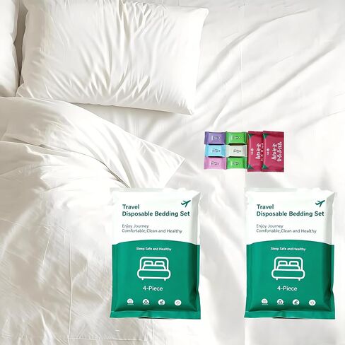 Wyoumila 2-Pack Disposable Bedding Set, Queen Size. Includes 2 Sheets, 2 Duvet Covers, 4 Pillowcases, 6 Compressed Towels & 2 Bath Towels. Vacuum Sealed for Hotels, rentals, Hospitals, Camping in Kuwait