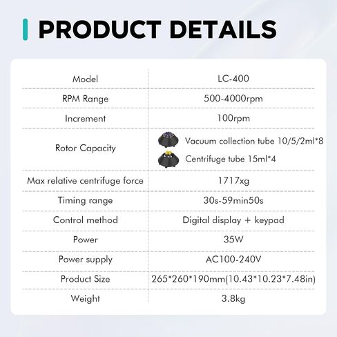 LAB FISH Digital PRP Benchtop Centrifuge Machine 2ml~5ml/10ml/15ml Lab Test Tubes 500-4000RPM Max1717xg in Kuwait