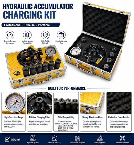 TieMin Hydraulic Nitrogen Accumulator Charging Kit, Nitrogen Fill Kit, Nitrogen Pressure Test System, Gas Charge Tools with 7 Couplings, 1 Gauges (3500PSI), and 1 Gas Hose(FPU) in Kuwait