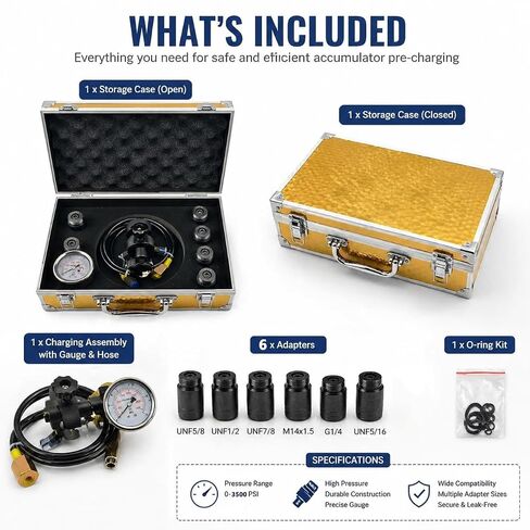 TieMin Hydraulic Nitrogen Accumulator Charging Kit, Nitrogen Fill Kit, Nitrogen Pressure Test System, Gas Charge Tools with 7 Couplings, 1 Gauges (3500PSI), and 1 Gas Hose(FPU) in Kuwait
