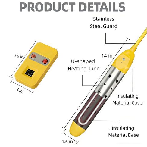 Immersion Water Heater with Digital Display, Yellow, 14 Inch U-Shaped Heating Tube, Stainless Steel Guard, Anti Dry Burn Protection in Kuwait