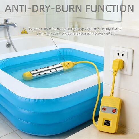 Immersion Water Heater with Digital Display, Yellow, 14 Inch U-Shaped Heating Tube, Stainless Steel Guard, Anti Dry Burn Protection in Kuwait