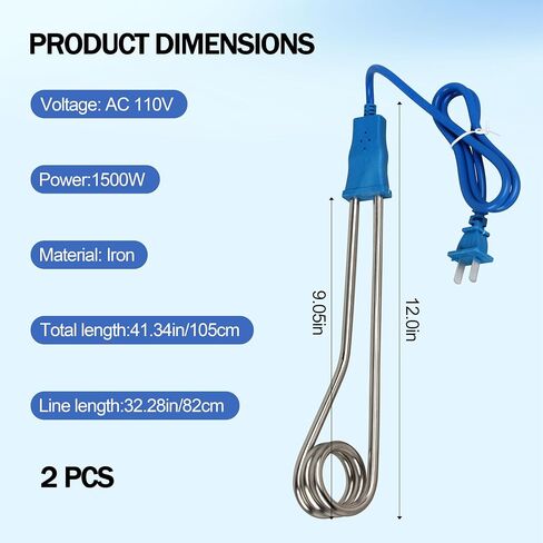 2-Pack Immersion Water Heater, 1500W 110V Portable Submersible Electric Heater for Bathtub, Inflatable Pool, Camping and Home Use, Blue in Kuwait