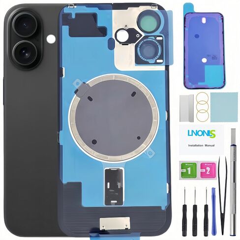 16 بديلًا للزجاج الخلفي لـ iPhone 16 الزجاج الخلفي الخلفي مع إطار مقاوم للماء وعدسة الكاميرا+مجموعة أدوات الإصلاح الاحترافية (أسود) in Kuwait