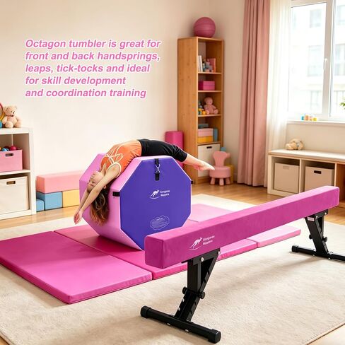 Kangaroo Hoppers Gymnastics Octagon Tumble Mat for Kids Ages 3-12, 2 Sizes High-Density EPE Foam Trainer, Backbend and Handspring Training Equipment for Home Gym, Portable with Carrying Handles in Saudi Arabia